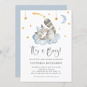 Cute Sleeping Racoon Blue It's a Boy Baby Shower Invitation