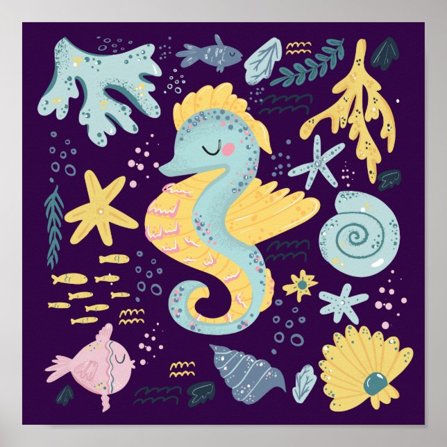 Cute Sleeping Seahorse Underwater Doodle Poster (Front)