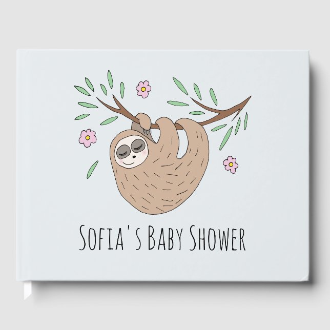 Cute Sleeping Sloth Animal and Name Baby Shower Guest Book (Front)