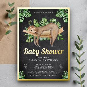 Cute Sleeping Sloth Chalkboard Baby Shower Gold