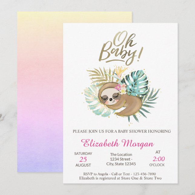 Cute Sleeping Sloth Oh Baby Summer Baby Shower  Invitation (Front/Back)