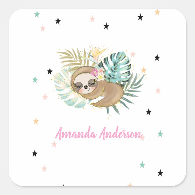 Cute Sleeping Sloth,Stars,Princess Square Sticker (Front)