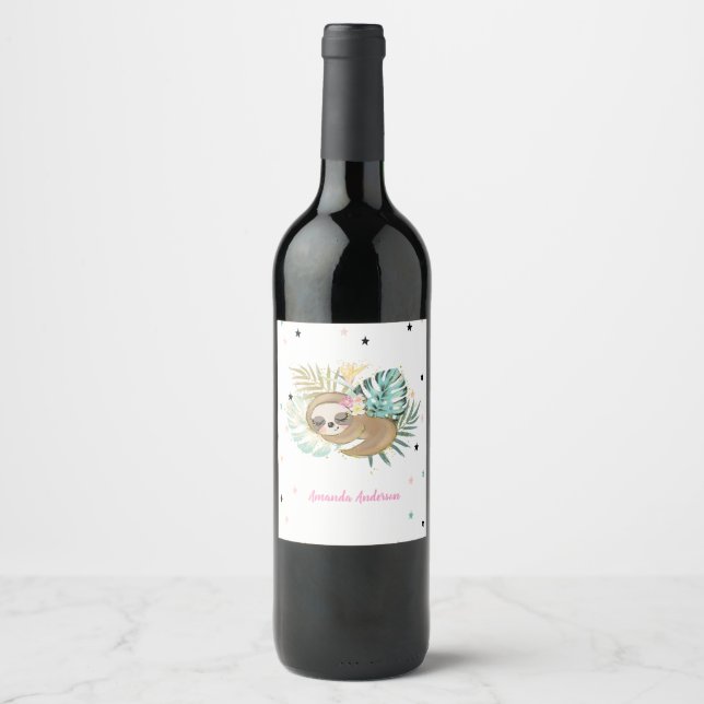 Cute Sleeping Sloth,Stars,Princess    Wine Label (Front)