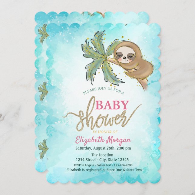 Cute Sleeping Sloth Tropical Baby Shower Invitation (Front/Back)