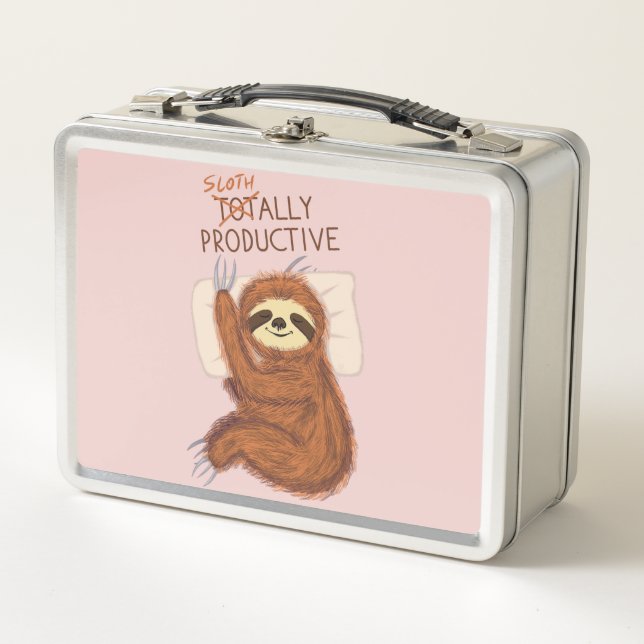 Cute Sleeping Sloth with Pillow and Funny Text Metal Lunch Box (Front)