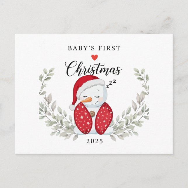Cute Sleeping Snowman | Baby's First Christmas  Postcard (Front)