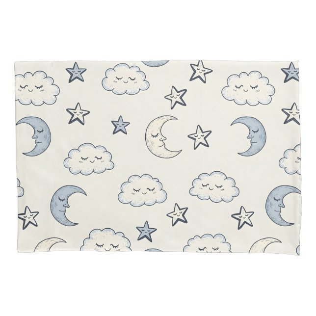 Cute Sleeping Stars, Moons and Clouds Pillowcase (Front)