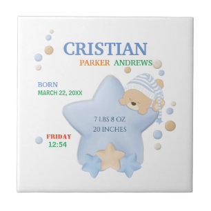 Cute Sleeping Teddy Bear Baby Boy Birth Stats Ceramic Tile
