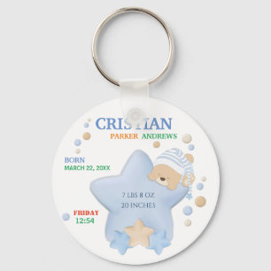 Cute Sleeping Teddy Bear Baby Boy Birth Stats Key Ring