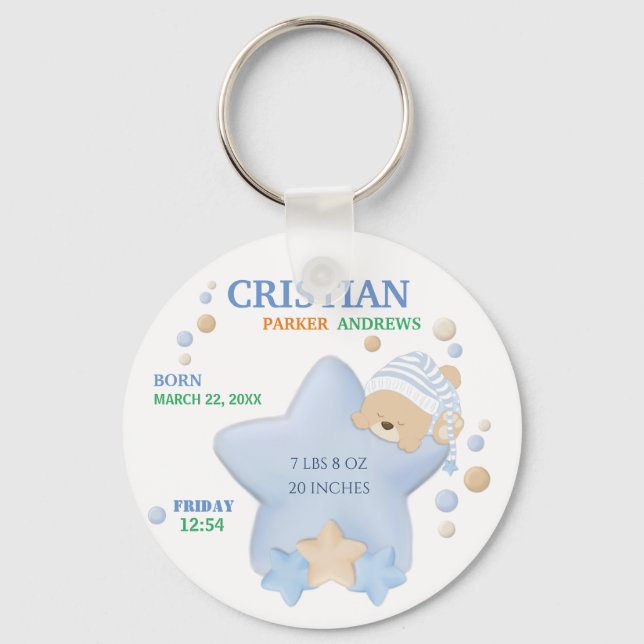 Cute Sleeping Teddy Bear Baby Boy Birth Stats Keyc Key Ring (Front)