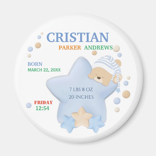 Cute Sleeping Teddy Bear Baby Boy Birth Stats Magn Magnet (Front)