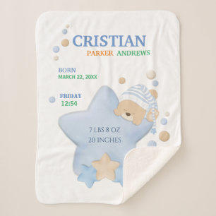 Cute Sleeping Teddy Bear Baby Boy Birth Stats Sher Sherpa Blanket