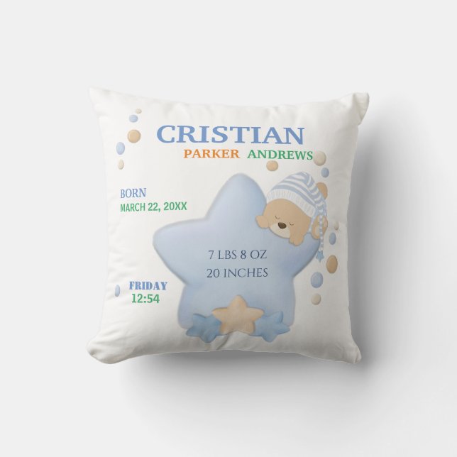 Cute Sleeping Teddy Bear Baby Boy Birth Stats Thro Cushion (Front)