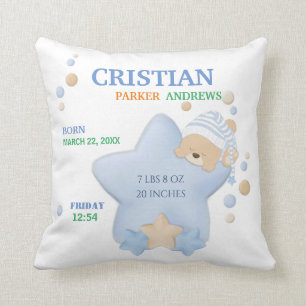 Cute Sleeping Teddy Bear Baby Boy Birth Stats Thro Cushion