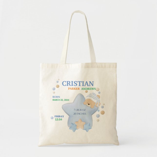 Cute Sleeping Teddy Bear Baby Boy Birth Stats Tote (Front)