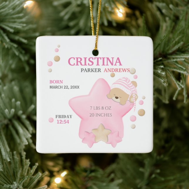 Cute Sleeping Teddy Bear Baby Girl Birth Stats Cer Ceramic Ornament (Tree)