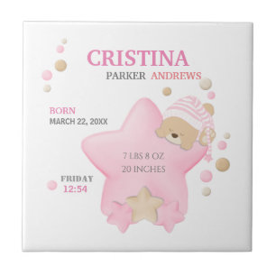 Cute Sleeping Teddy Bear Baby Girl Birth Stats Cer Ceramic Tile