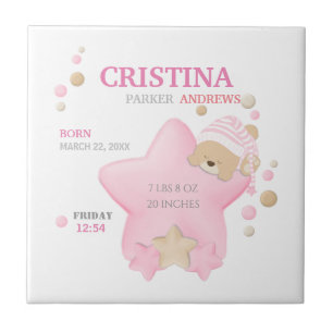 Cute Sleeping Teddy Bear Baby Girl Birth Stats Ceramic Tile
