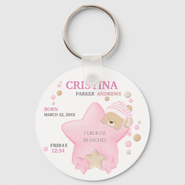 Cute Sleeping Teddy Bear Baby Girl Birth Stats Key Key Ring (Front)