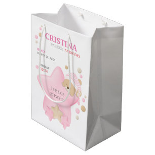 Cute Sleeping Teddy Bear Baby Girl Birth Stats Medium Gift Bag