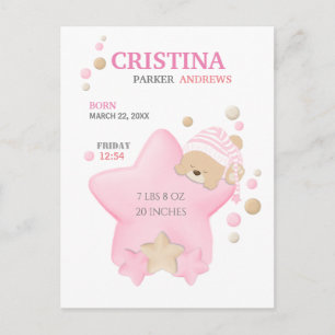 Cute Sleeping Teddy Bear Baby Girl Birth Stats Postcard