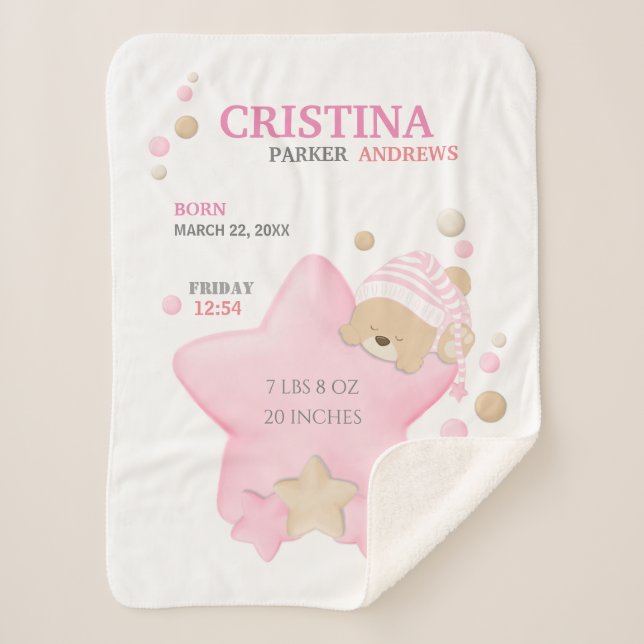 Cute Sleeping Teddy Bear Baby Girl Birth Stats She Sherpa Blanket (Front)