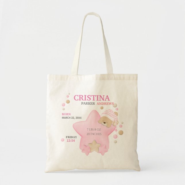 Cute Sleeping Teddy Bear Baby Girl Birth Stats Tot Tote Bag (Front)