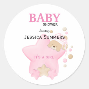 Cute Sleeping Teddy Bear Baby Girl Shower Classic Round Sticker
