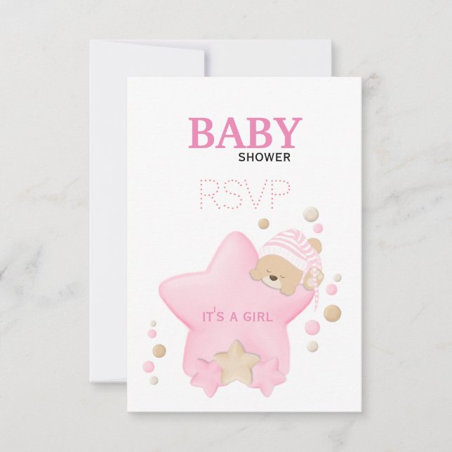 Cute Sleeping Teddy Bear Baby Girl Shower RSVP Car (Front)