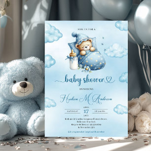 Cute sleeping teddy bear boy Baby Shower  Invitation