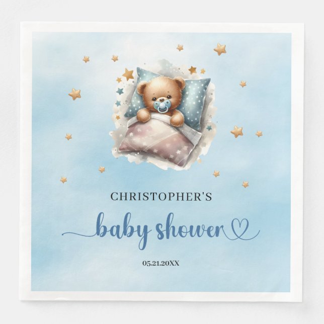 Cute sleeping teddy bear boy baby shower napkin (Front)