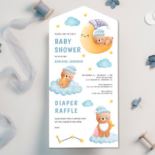 Cute Sleeping Teddy Bear Crescent Moon Baby Shower All In One Invitation