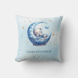 Cute sleeping teddy bear in baby crib cushion