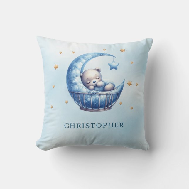 Cute sleeping teddy bear in baby crib cushion (Front)