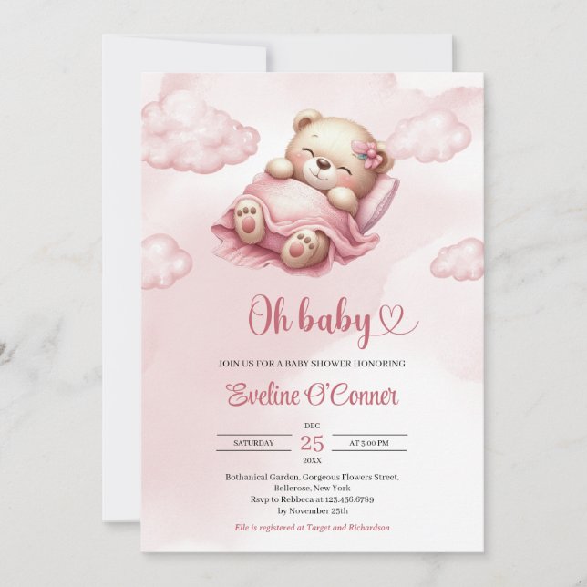 Cute sleeping teddy bear in pink sky and clouds invitation (Front)