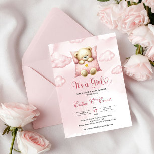 Cute sleeping teddy bear It's a Girl Baby Shower Invitation