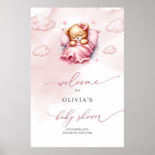 Cute sleeping teddy bear over the cloud welcome poster