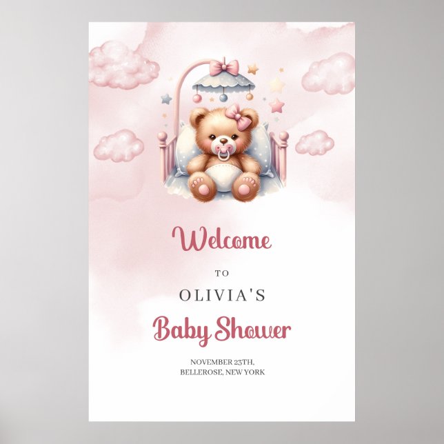 Cute sleeping teddy bear over the cloud welcome poster (Front)