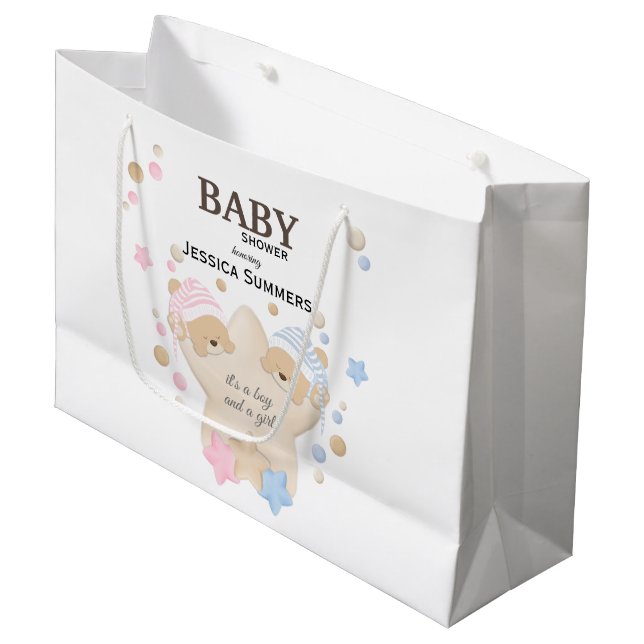 Cute Sleeping Teddy Bear Twins Baby Shower Large G Large Gift Bag (Front Angled)