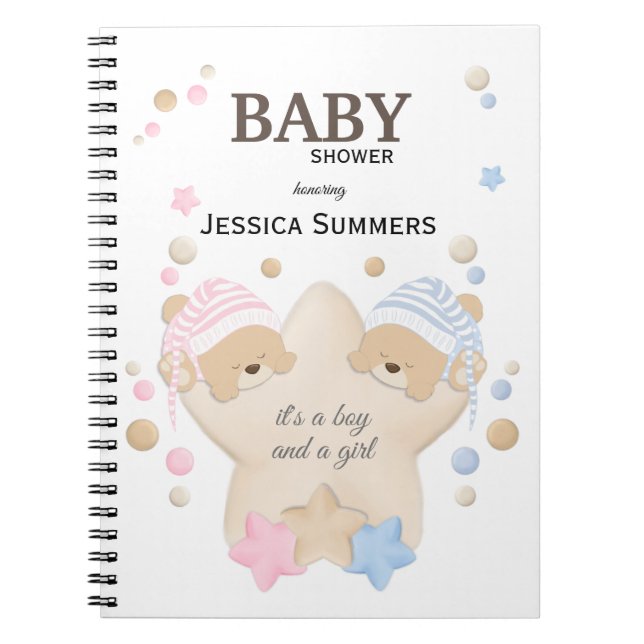 Cute Sleeping Teddy Bear Twins Baby Shower Noteboo Notebook (Front)