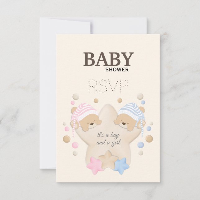 Cute Sleeping Teddy Bear Twins Baby Shower RSVP Ca (Front)