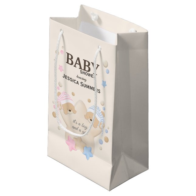 Cute Sleeping Teddy Bear Twins Baby Shower Small G Small Gift Bag (Front Angled)
