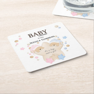 Cute Sleeping Teddy Bear Twins Baby Shower Square Square Paper Coaster