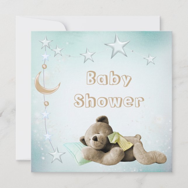 Cute Sleeping Teddy Moon & Stars Baby Shower Invitation (Front)