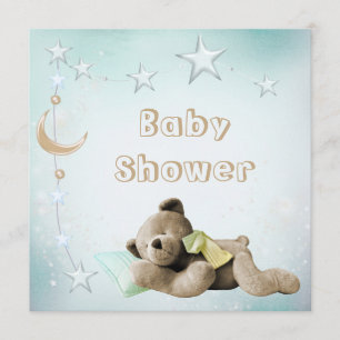 Cute Sleeping Teddy Moon & Stars Baby Shower Invitation