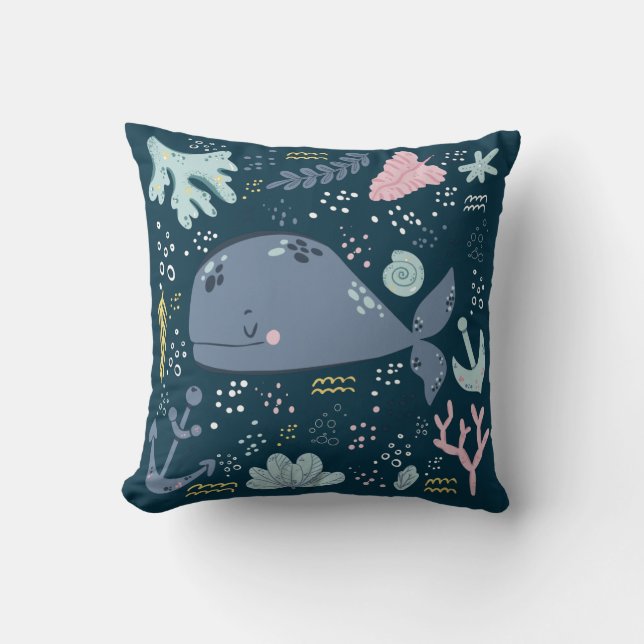 Cute Sleeping Whale Underwater Doodle Cushion (Front)