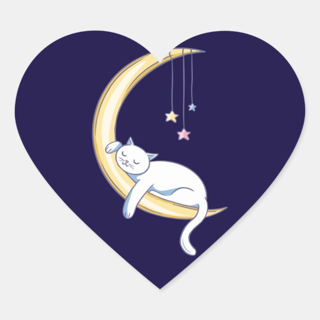 Cute Sleeping White Cat Design Heart Sticker (Front)