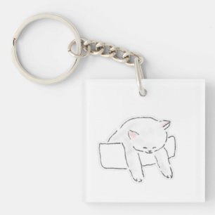 Cute Sleeping White Cat In Box Hand Drawn Art Key Ring