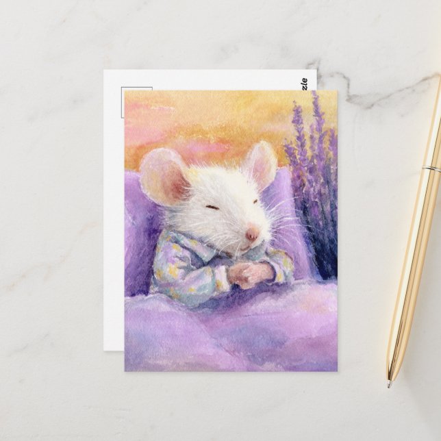 Cute Sleeping White Mouse Postcard (Front/Back In Situ)
