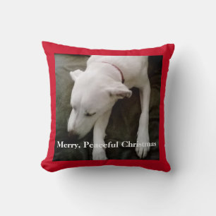 Cute Sleeping White puppy Dog Red Christmas Cushion